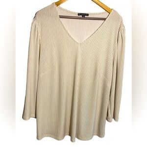 Adrianna Papell tan and black striped office tunic blouse Vneck oversized 1X